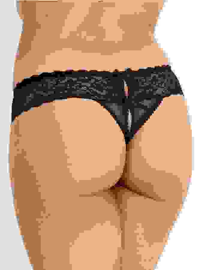 Lovehoney Crotchless Lace Thong with Satin Bows, Black, hi-res
